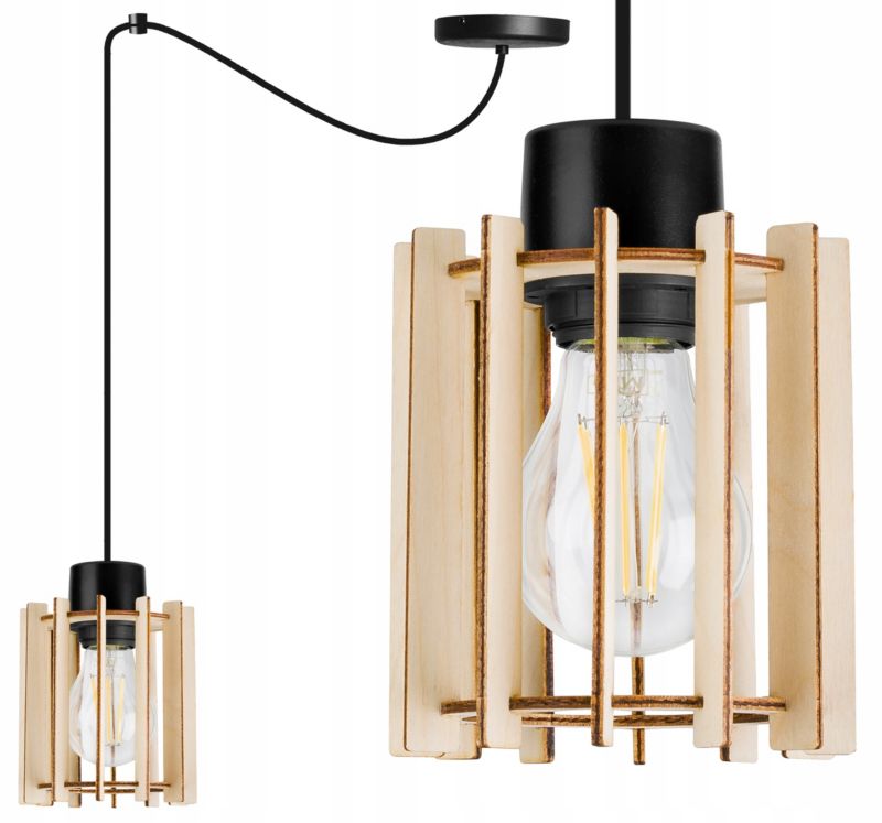 Lampa sufitowe wisząca Light Home LH Timber Spider 1x E27 60W klosz drewno tuba czarny 1szt.