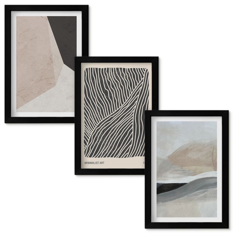 Zestaw obrazów Wallfluent Abstrakcyjne wzory beż szarość Czarna rama 20x30cm 3 szt.
