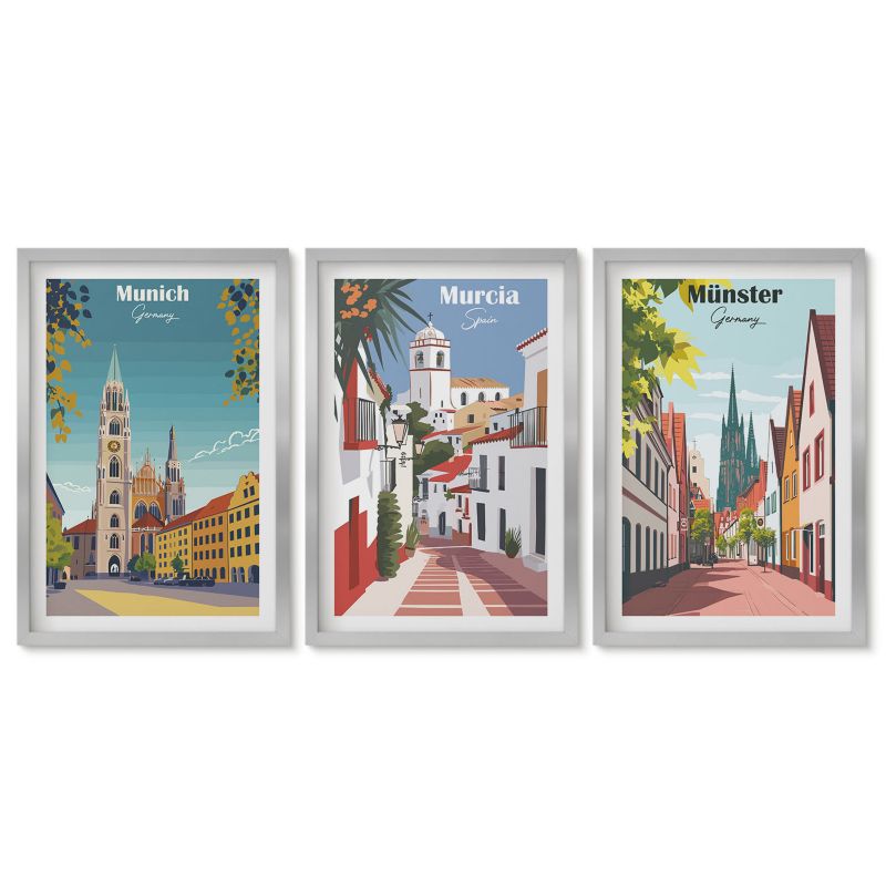 Komplet obrazów srebrna rama Tulup 40x60 cm Miasta Europy kolorowe rysunki Dekoracja ścienna do przedpokoju 1 kpl