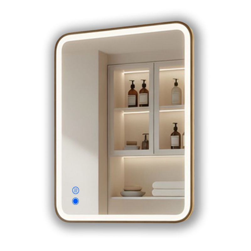 Lustro łazienkowe LED prostokątne zaokrąglone 80x60 cm podświetlane, antypara, dotykowe, złote szczotkowane