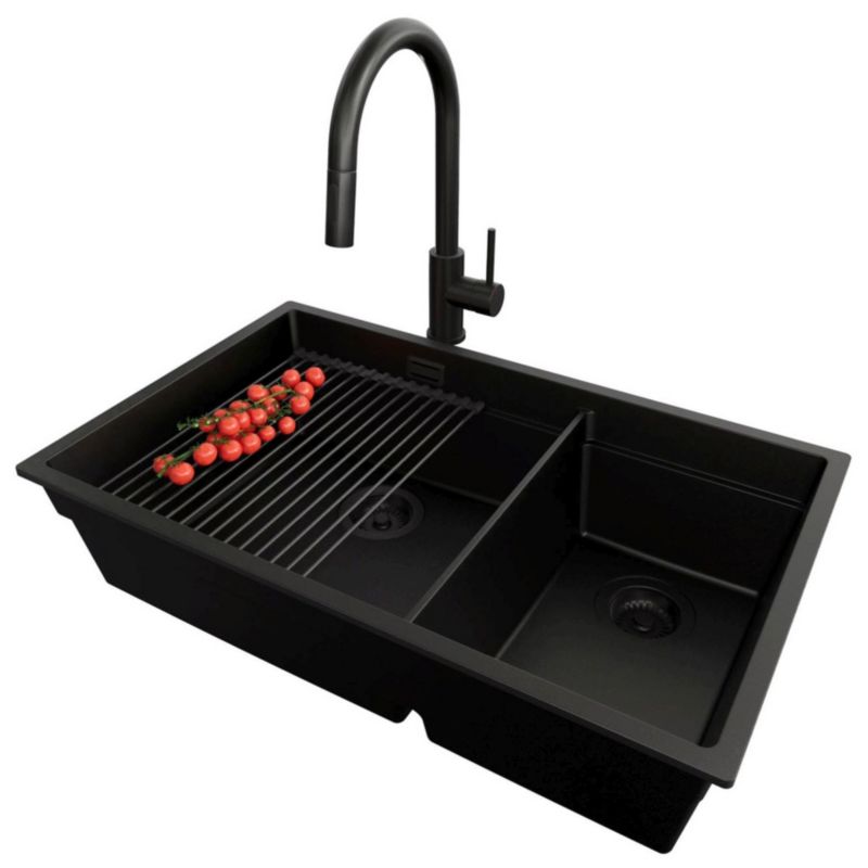 Zlewozmywak Granitowy Praga Slim Duo PRIMAGRAN Nablatowy 76x47cm, Cały Czarny + Bateria + Syfon + Akcesorium, , 1 szt.