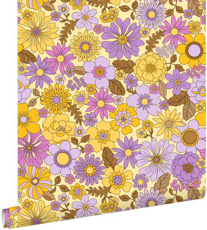 Tapeta ESTAhome retro kwiaty żółtymIfioletowym 50 x 900 cm - 1 rol.