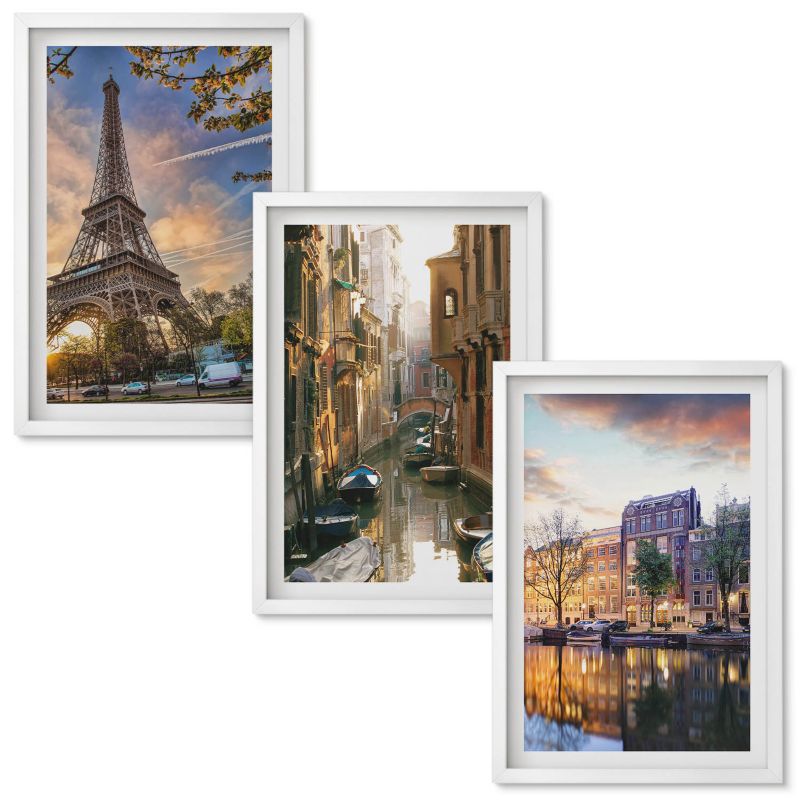 Tryptyk w Ramie Wallfluent Wieża Eiffla kanały Wenecji Amsterdam Biała rama 40x60 cm 3 szt.