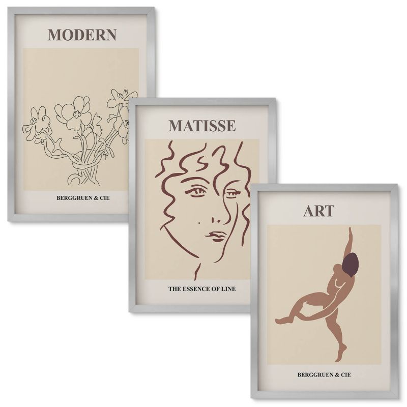 Zestaw obrazów Wallfluent Stylowe grafiki kwiaty postaci Srebrna rama 40x60 cm 3 szt.