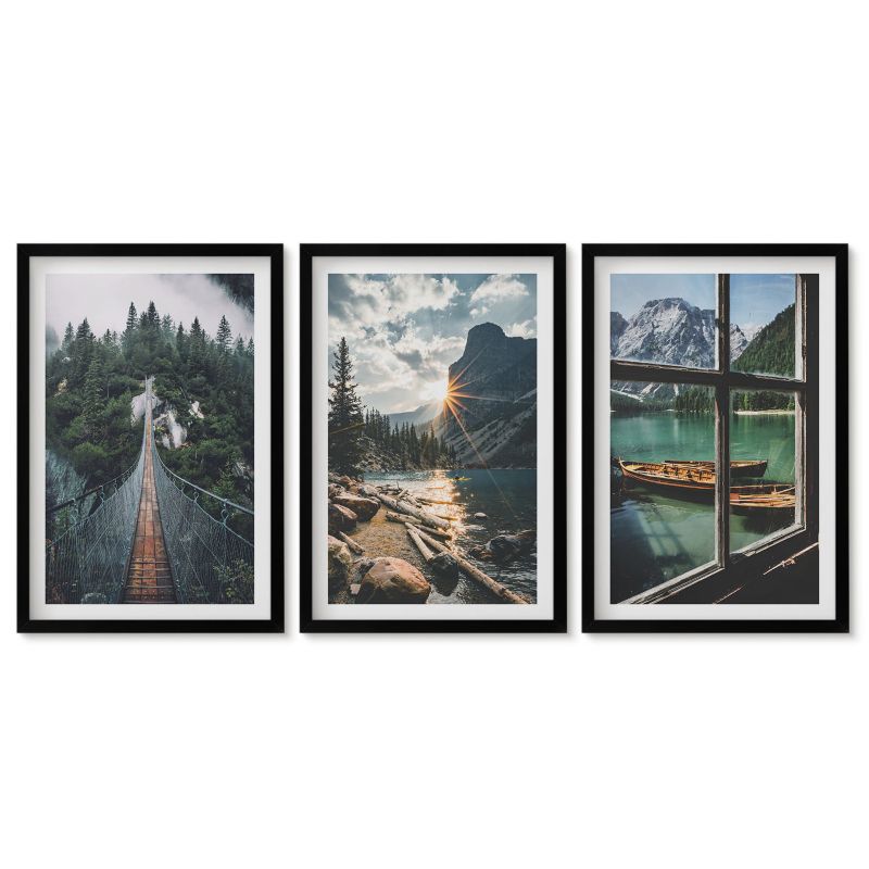 Tryptyk w czarnej ramie Tulup 40x60 cm Most las jezioro łodzie góry Galeria ścienna 1 kpl