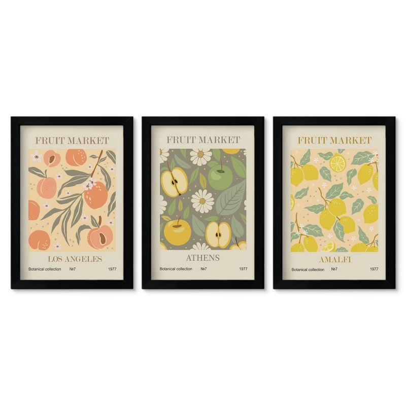 Zestaw 3 obrazów w czarnych ramach Tulup 20x30 cm Owocowe wzory retro postery Obrazy w czarnej ramie 1 kpl