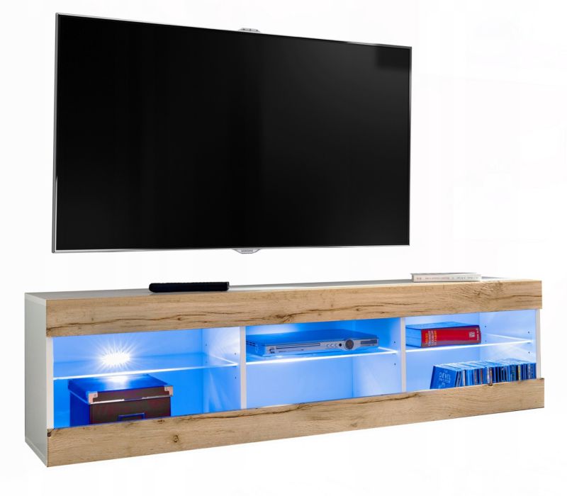 Szafka RTV LED Salon Nowoczesna Biały/Dąb Wotan LED 140x35 Pokój 1 szt.