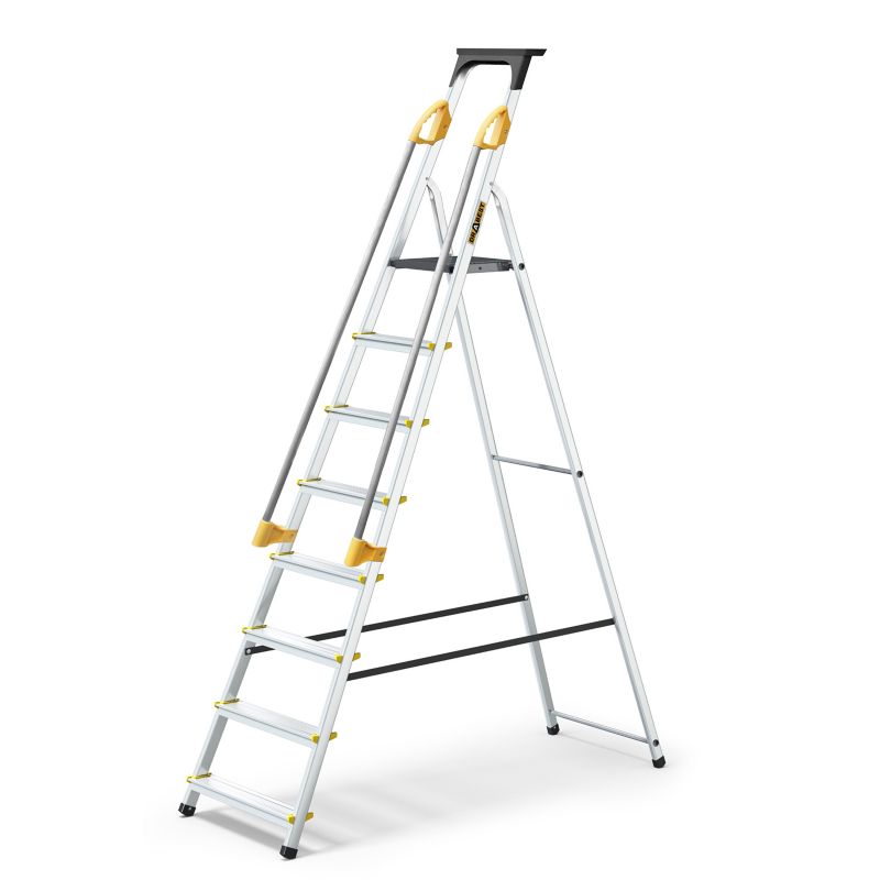 Drabina aluminiowa jednostronna PRO DRABEST 8 stopni z półką i poręczami, nośność 150 kg, 1 szt.