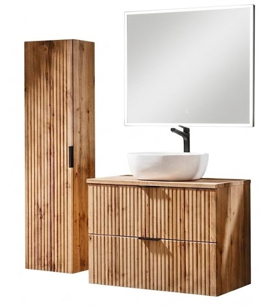 Zestaw mebli łazienkowych 80cm Comad Adel Oak z blatem umywalką nablatową Smile szafką wysoką i lustrem LED 1szt