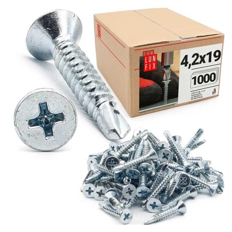 Wkręty do metalu Lun Fix samowiercące z łbem stożkowym 4,2x19mm 1000szt.