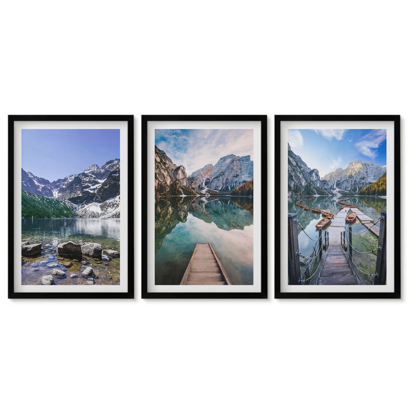 Zestaw 3 obrazów w czarnych ramach Tulup 40x60 cm Góry jeziora drewniane pomosty Obrazy w czarnej ramie 1 kpl