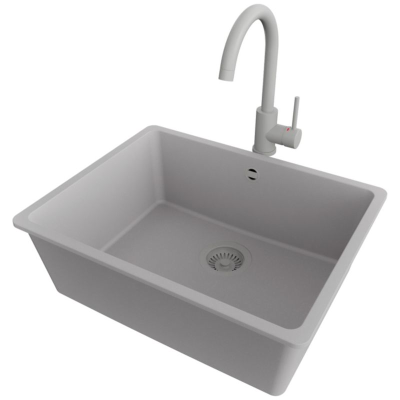 Zlewozmywak Granitowy Wenecja Slim Easy PRIMAGRAN Nablatowy 56x44cm do szafki od 60cm, Szary + Bateria + Syfon, S076, 1 szt.