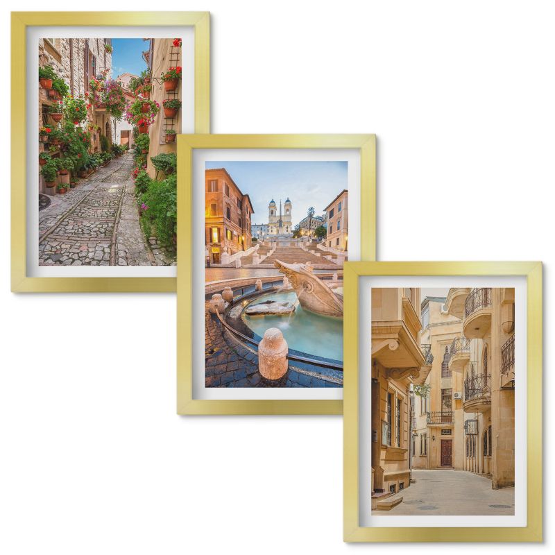 Tryptyk Obrazów w Ramie Wallfluent Urokliwe uliczki fontanny Złota rama 20x30cm 3 szt.