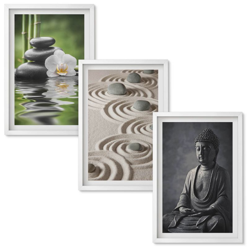Tryptyk w Ramie Wallfluent Relaksujący widok Budda Zen Biała rama 40x60 cm 3 szt.