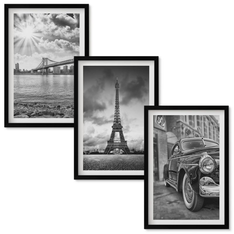 Obraz Ścienny Zestaw Wallfluent Widoki miasta mosty wieża Eiffla Czarna rama 40x60 cm 3 szt.