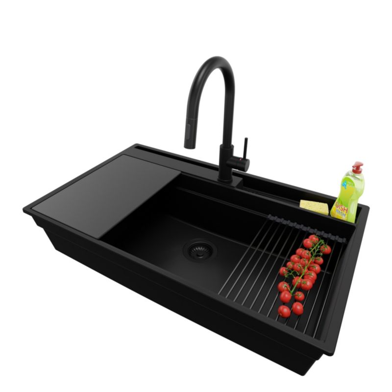 Zlewozmywak Granitowy Oslo Pocket PRIMAGRAN Nablatowy 88x53cm, Cały Czarny + Bateria + Syfon + Akcesorium, S479, 1 szt.