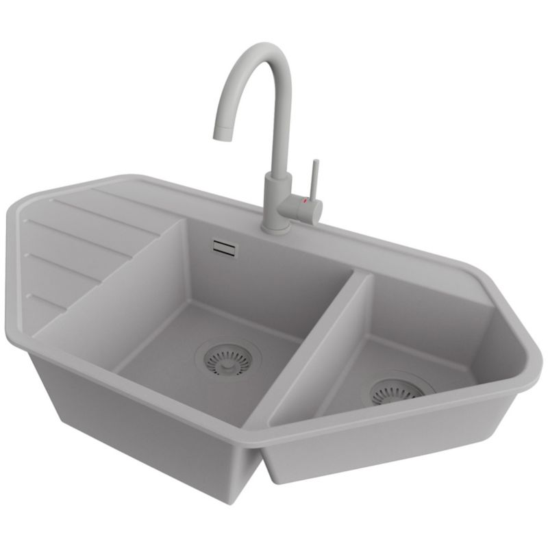 Zlew Granitowy Narożny Kopenhaga Corner PRIMAGRAN Nablatowy 90x50cm do szafki od 70cm, Szary + Bateria + Syfon, S014, 1 szt.