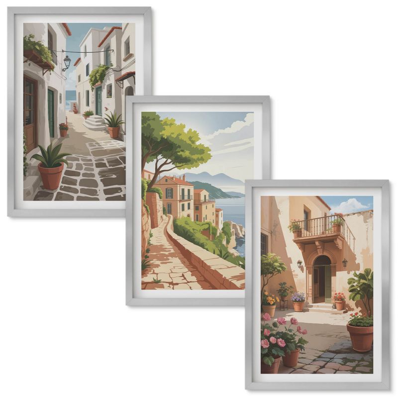 Set Obrazów w Ramie Wallfluent Uliczki domy rośliny donice Srebrna rama 40x60 cm 3 szt.