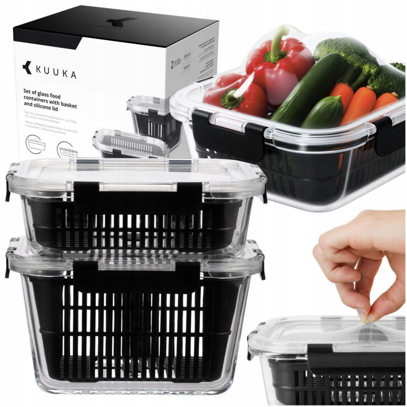 Pojemniki na żywność, Kuuka, szklane, z koszyczkiem, pokrywką, 1050ml 1800ml, lunchbox, szkło borokrzemowe, 2szt