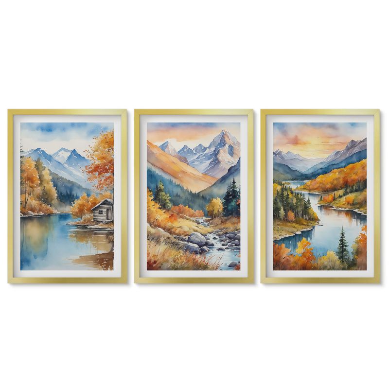 Zestaw 3 obrazów w złotej ramie Tulup 40x60 cm Górski krajobraz rzeka jesień Stylowa galeria nad biurko 1 kpl