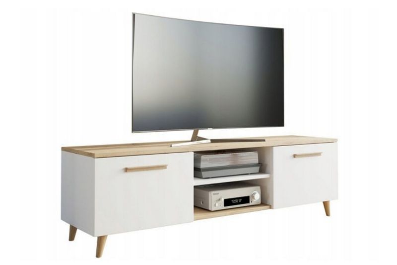 Szafka RTV Kobi BERGA 120 cm skandynawska, nogi drewniane - Biały / Dąb Artisan 1 szt.