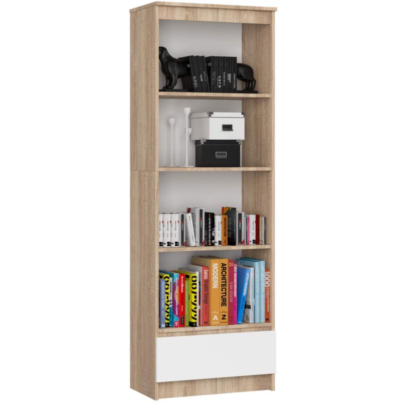 Regał Akord R60 Dąb Sonoma 60 cm 1 szuflada kolor Biały mat 4 półki 60x35x180 cm 1 szt.