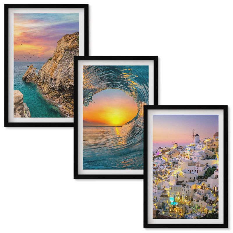 Zestaw Obrazów w Ramie Wallfluent Morze fale białe domy Santorini Czarna rama 40x60 cm 3 szt.