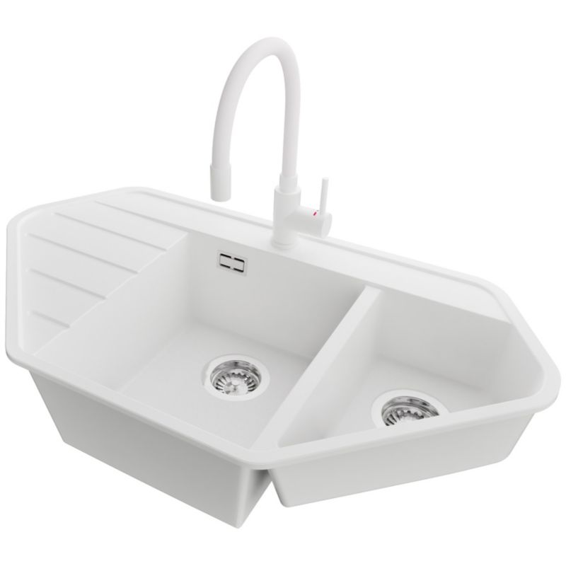 Zlew Granitowy Narożny Kopenhaga Corner PRIMAGRAN Nablatowy 90x50cm do szafki od 70cm, Biały + Bateria + Syfon, S023, 1 szt.