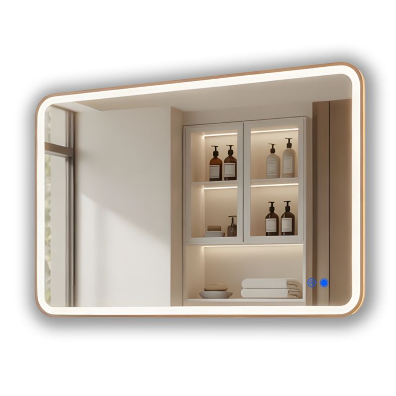 Lustro łazienkowe LED prostokątne zaokrąglone 100x70 cm podświetlane, antypara, dotykowe, złote szczotkowane