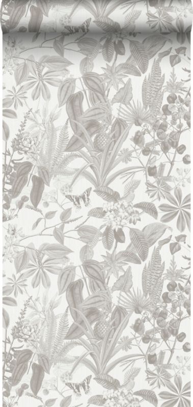 Tapeta Sanders & Sanders tropikalne liście i kwiaty szarym 53 cm x 10 m - 1 rol.