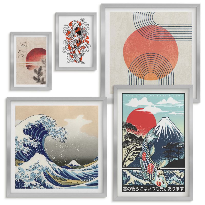 Zestaw obrazów Wallfluent Ilustracje gór ryb fala Japonia Srebrna rama 5 szt.