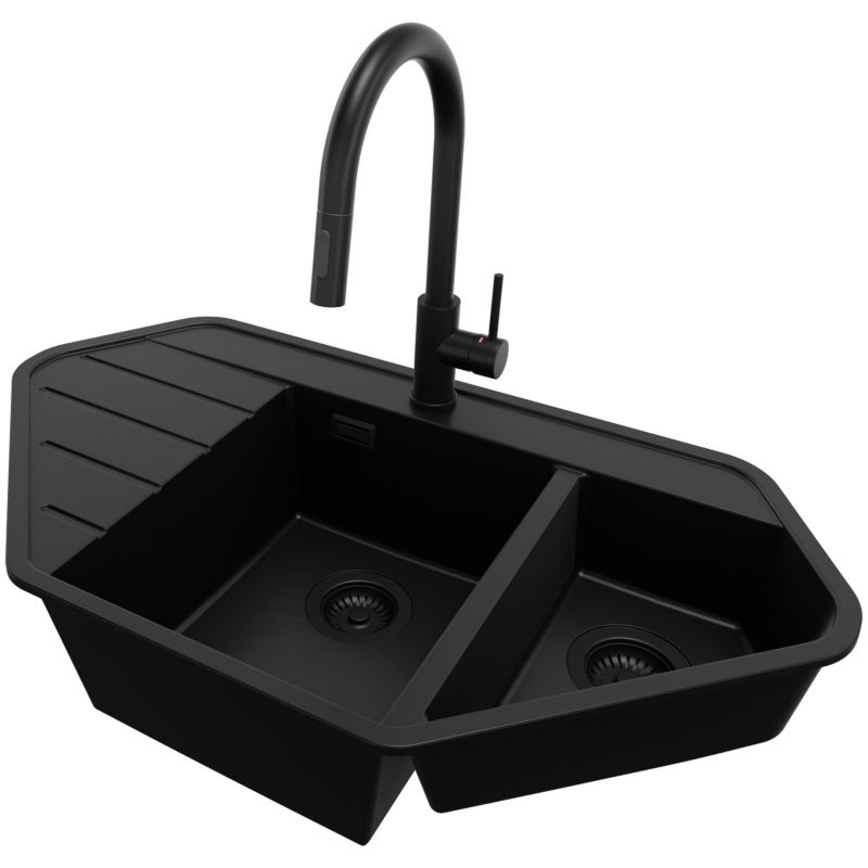 Zlew Granitowy Narożny Kopenhaga Corner PRIMAGRAN Nablatowy 90x50cm, Cały Czarny + Bateria + Syfon, S016, 1 szt.