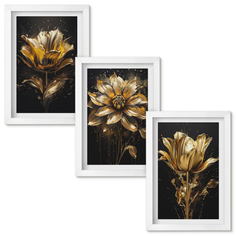 Obrazy do Salonu Wallfluent Kwiaty żółte ciemne tło Biała rama 20x30cm 3 szt.