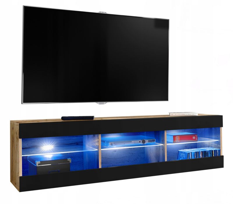 Szafka RTV LED Salon Nowoczesna Dąb Wotan/Czarny Bez LED 140x35 Pokój 1 szt.