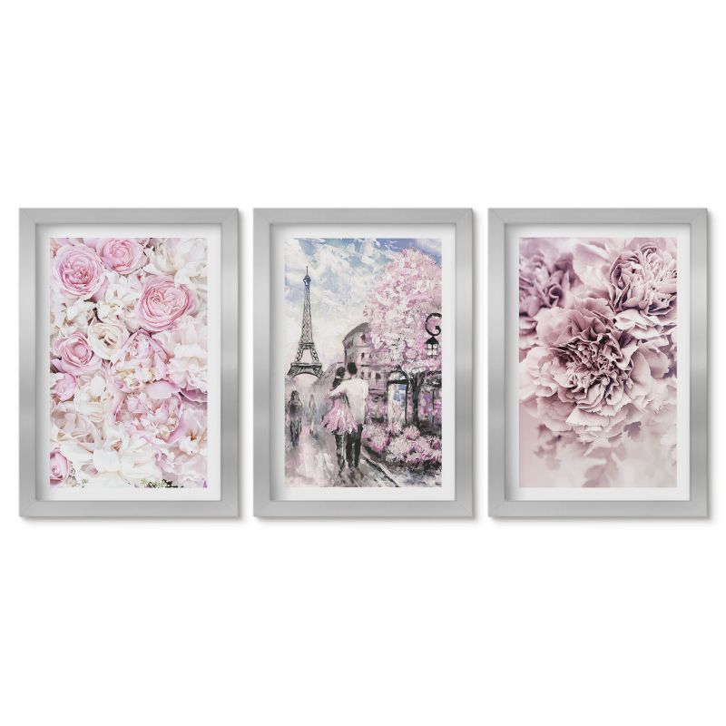 Trzy obrazy w srebrnej ramie zestaw Tulup 20x30 cm Kwiaty odcienie różu krajobraz Obrazy w srebrnej ramie 1 kpl