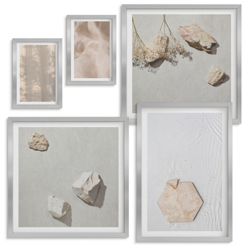 Galeria Obrazów Na Ścianę Wallfluent Subtelne boho tekstury naturalne Srebrna rama 5 szt.