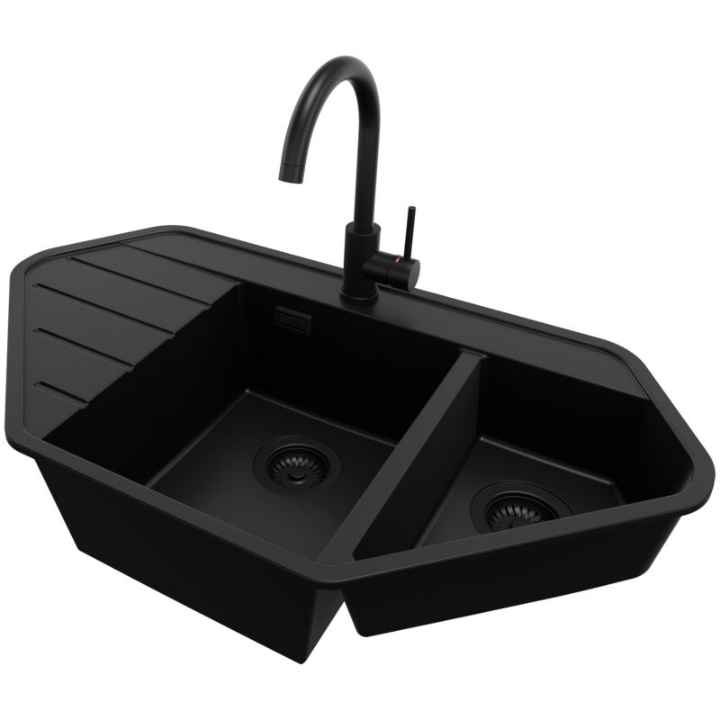 Zlew Granitowy Narożny Kopenhaga Corner PRIMAGRAN Nablatowy 90x50cm, Cały Czarny + Bateria + Syfon, S010, 1 szt.