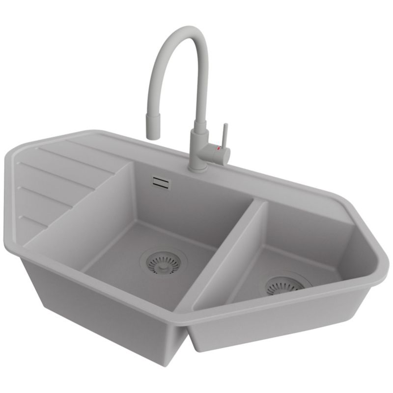 Zlew Granitowy Narożny Kopenhaga Corner PRIMAGRAN Nablatowy 90x50cm do szafki od 70cm, Szary + Bateria + Syfon, S026, 1 szt.