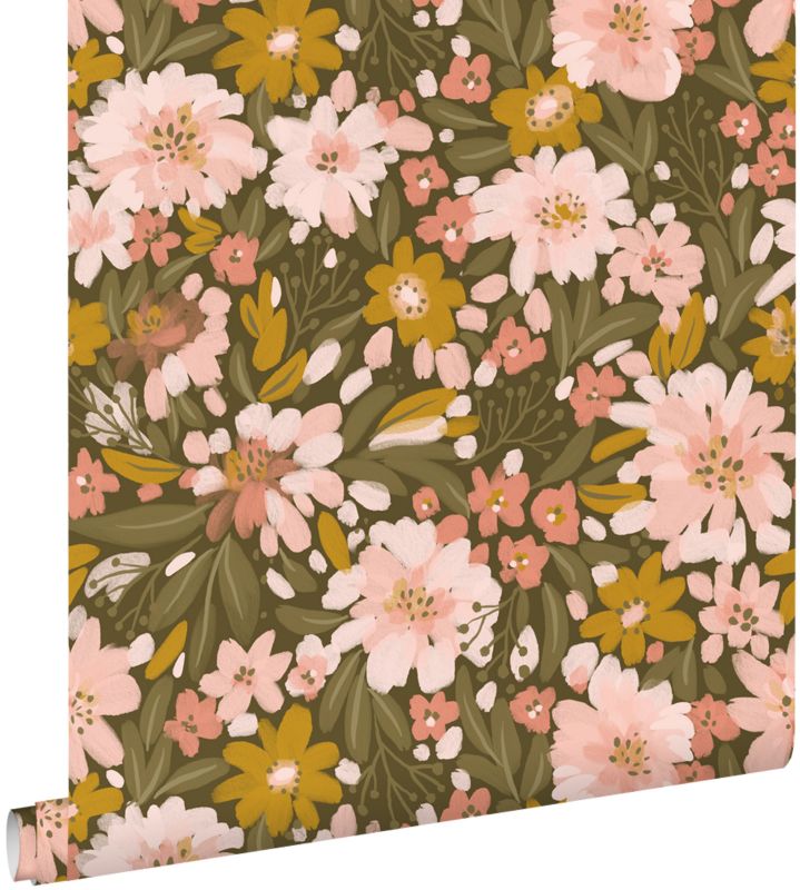 Tapeta ESTAhome kwiaty szaro-oliwkowym,delikatnego różuIochry żółtej 50 x 900 cm - 1 rol.