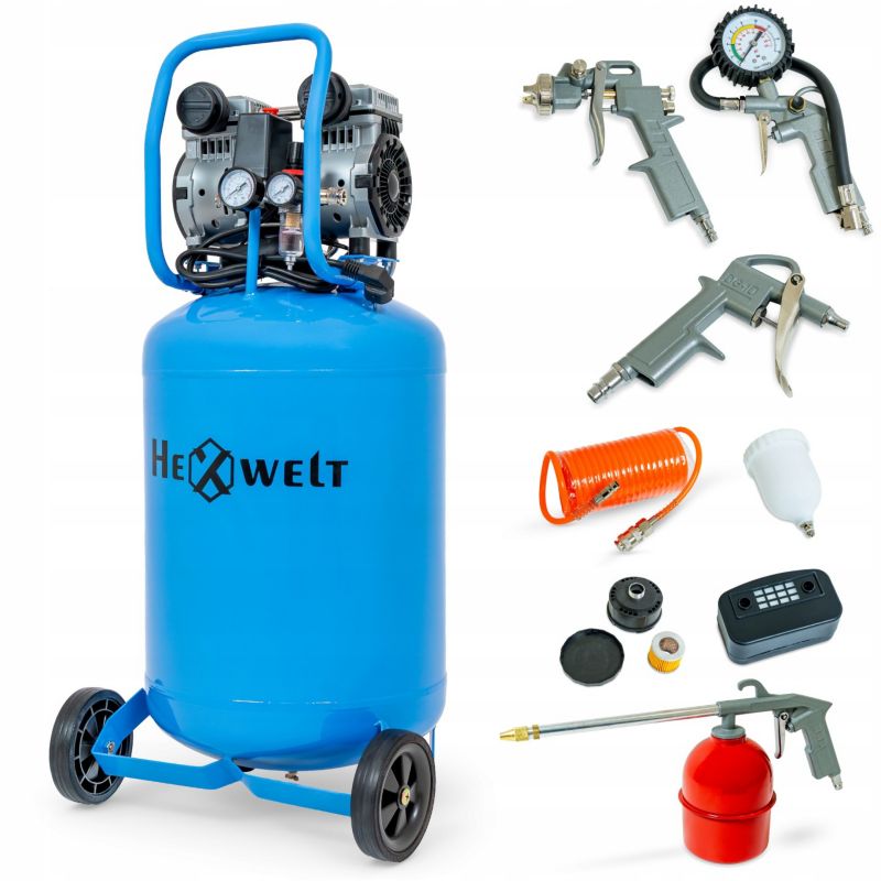 Kompresor bezolejowy HEXWELT 50L 8 Bar 1500W cichy 2-tłokowy sprężarka pionowa 1szt.