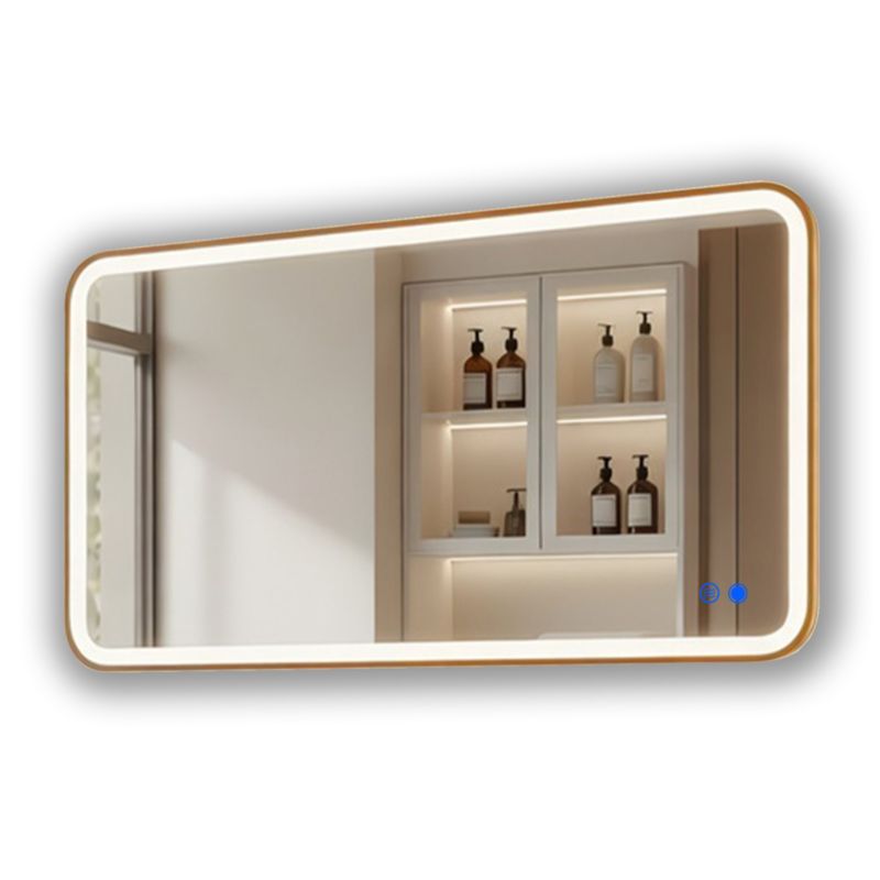 Lustro łazienkowe LED prostokątne zaokrąglone 120x70 cm podświetlane, antypara, dotykowe, złote szczotkowane