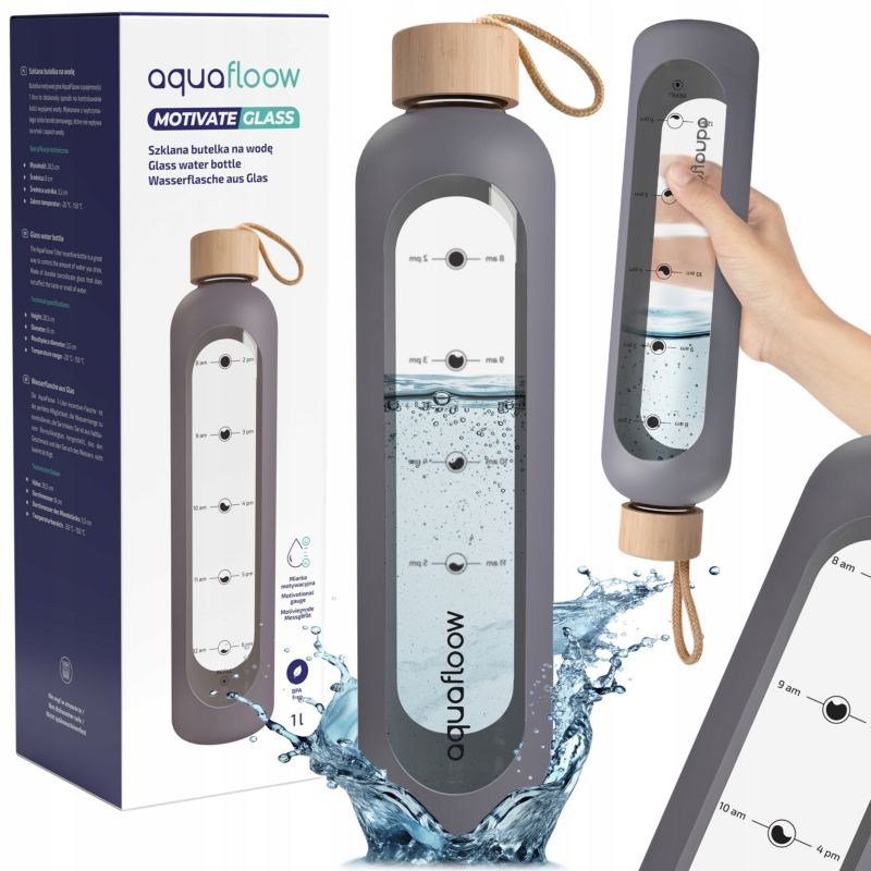 Butelka na wodę, AquaFloow, szklana, z miarką motywacyjną, bidon, w etui silikonowym, z nakrętką bambusową, 1L, szara, 1szt