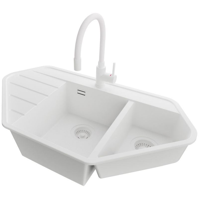 Zlew Granitowy Narożny Kopenhaga Corner PRIMAGRAN Nablatowy 90x50cm do szafki od 70cm, Cały Biały + Bateria + Syfon, S024, 1 szt.