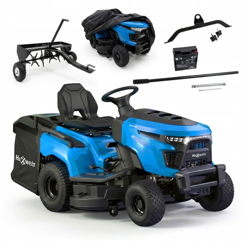 Traktorek ogrodowy Hexwelt 452cc 97cm aerator pokrowiec kosz 250l spalinowy Loncin zestaw 1 szt.