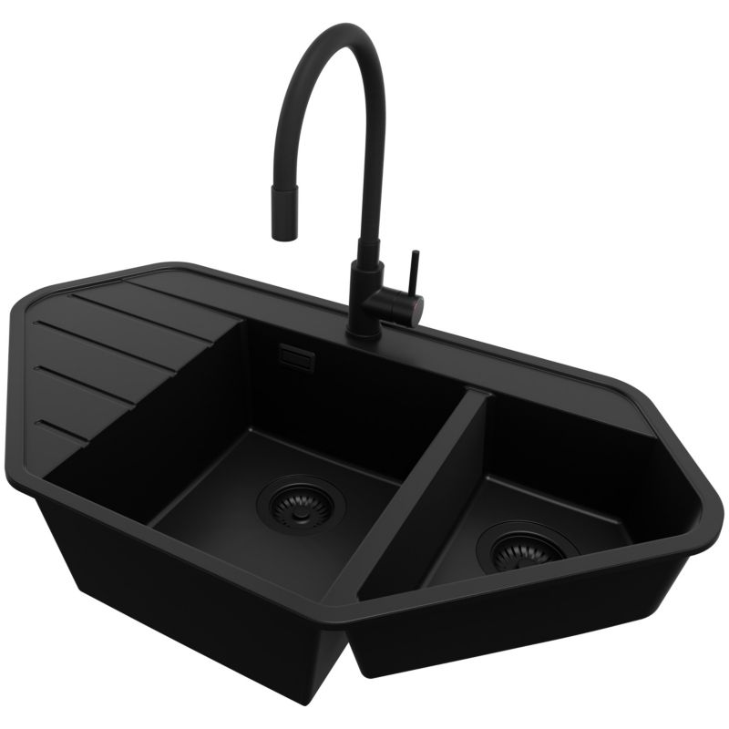 Zlew Granitowy Narożny Kopenhaga Corner PRIMAGRAN Nablatowy 90x50cm, Cały Czarny + Bateria + Syfon, S022, 1 szt.