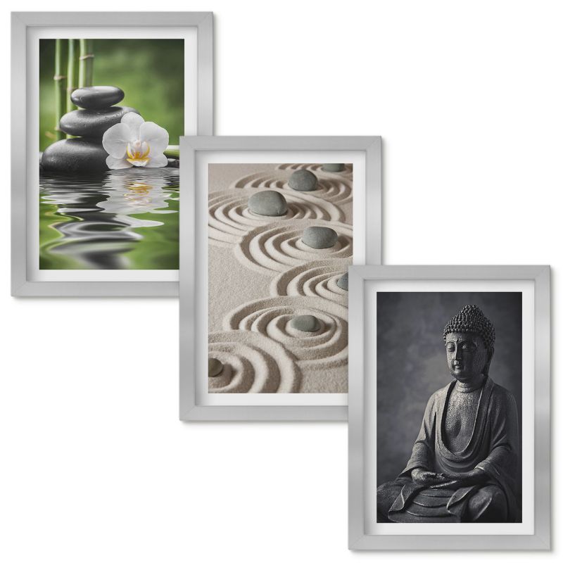 Tryptyk w Ramie Wallfluent Relaksujący widok Budda Zen Srebrna rama 20x30cm 3 szt.