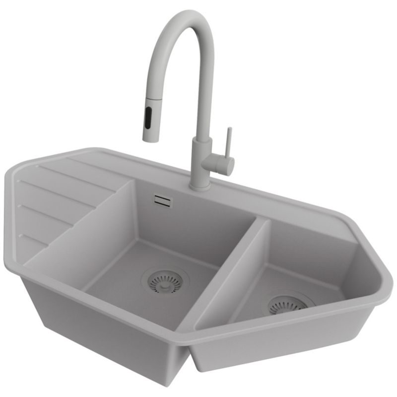 Zlew Granitowy Narożny Kopenhaga Corner PRIMAGRAN Nablatowy 90x50cm do szafki od 70cm, Szary + Bateria + Syfon, S020, 1 szt.