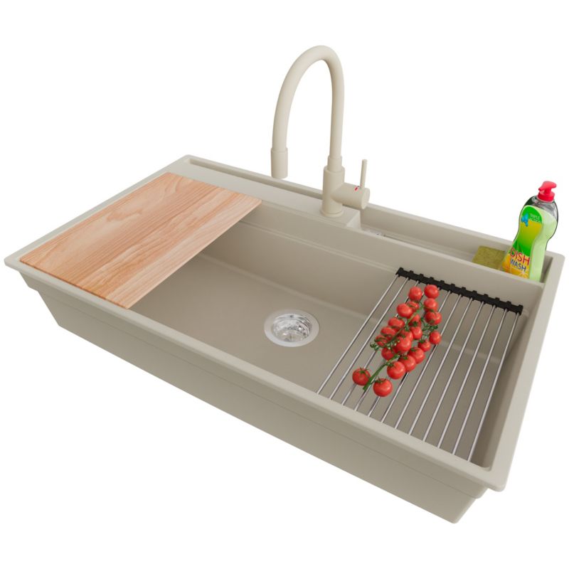Zlewozmywak Granitowy Oslo Pocket PRIMAGRAN Nablatowy 88x53cm, Beżowy + Bateria + Syfon + Akcesorium, S472, 1 szt.