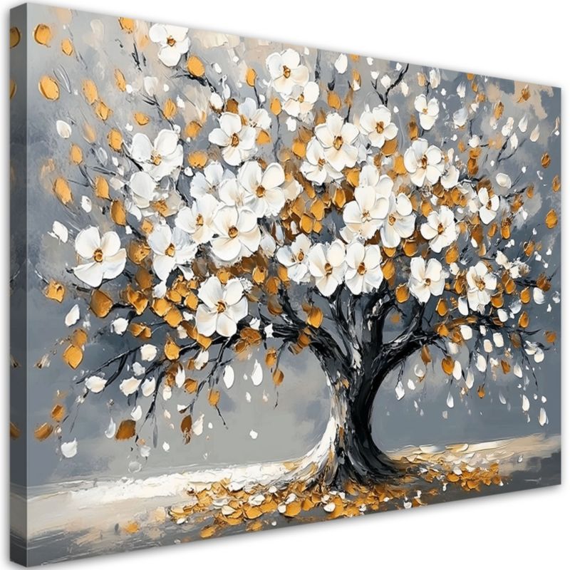Obraz na płótnie Feeby Drzewo życia Kwiaty Liscie Zloty 100x70cm 1szt
