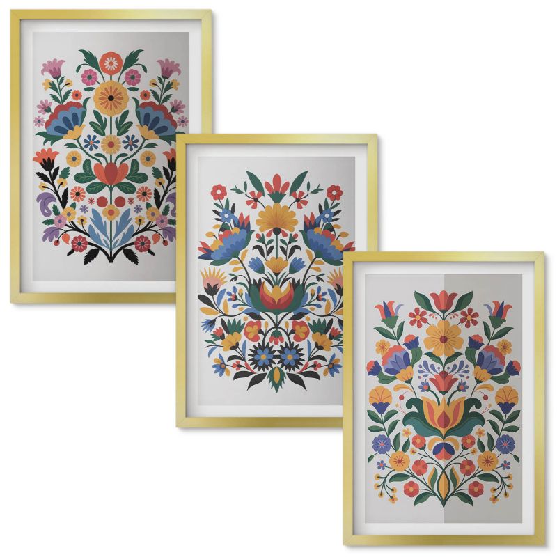 Set Obrazów w Ramie Wallfluent Kwiatowe wzory intensywne kolory Złota rama 40x60 cm 3 szt.
